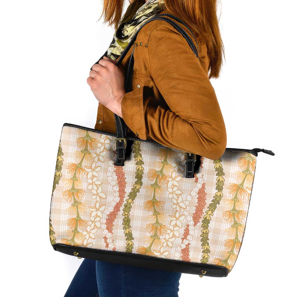 Hawaiian Ohia Lehua Lei Leather Tote Bag Plaid Palaka Ahiehie Pattern - Polynesian Pride