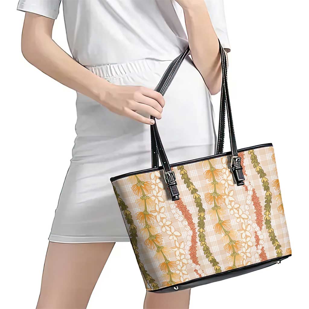 Hawaiian Ohia Lehua Lei Leather Tote Bag Plaid Palaka Ahiehie Pattern - Polynesian Pride