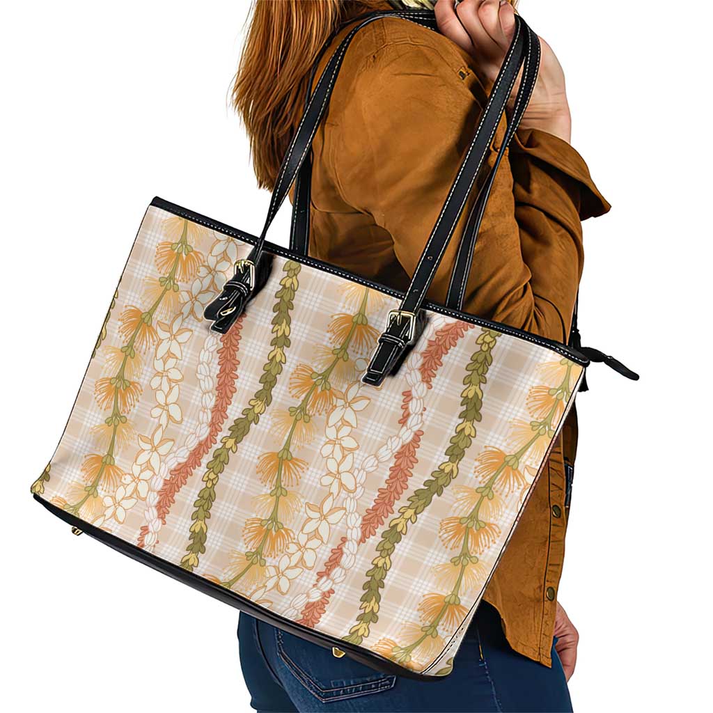 Hawaiian Ohia Lehua Lei Leather Tote Bag Plaid Palaka Ahiehie Pattern - Polynesian Pride