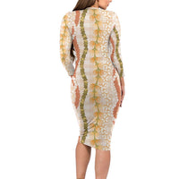 Hawaiian Ohia Lehua Lei Long Sleeve Bodycon Dress Plaid Palaka Ahiehie Pattern LT9 - Polynesian Pride