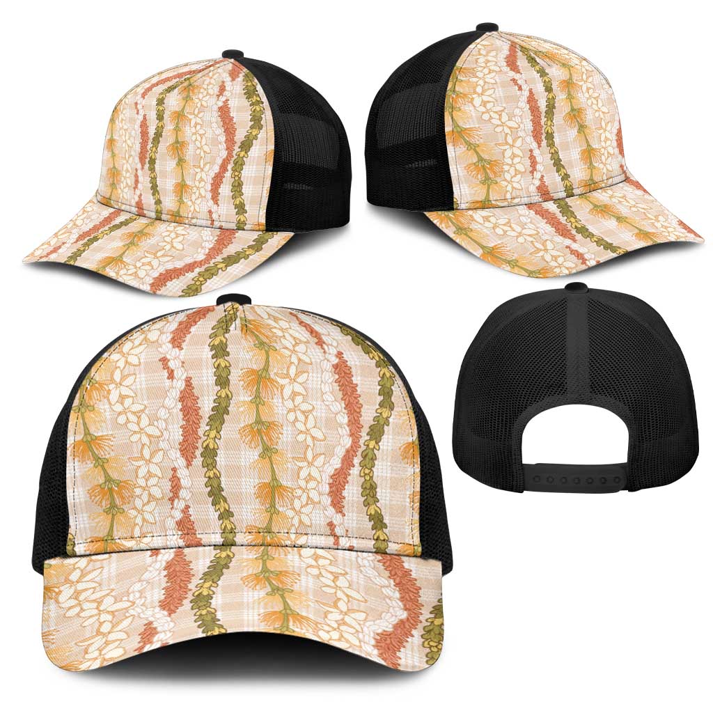 Hawaiian Ohia Lehua Lei Mesh Trucker Cap Plaid Palaka Ahiehie Pattern - Polynesian Pride