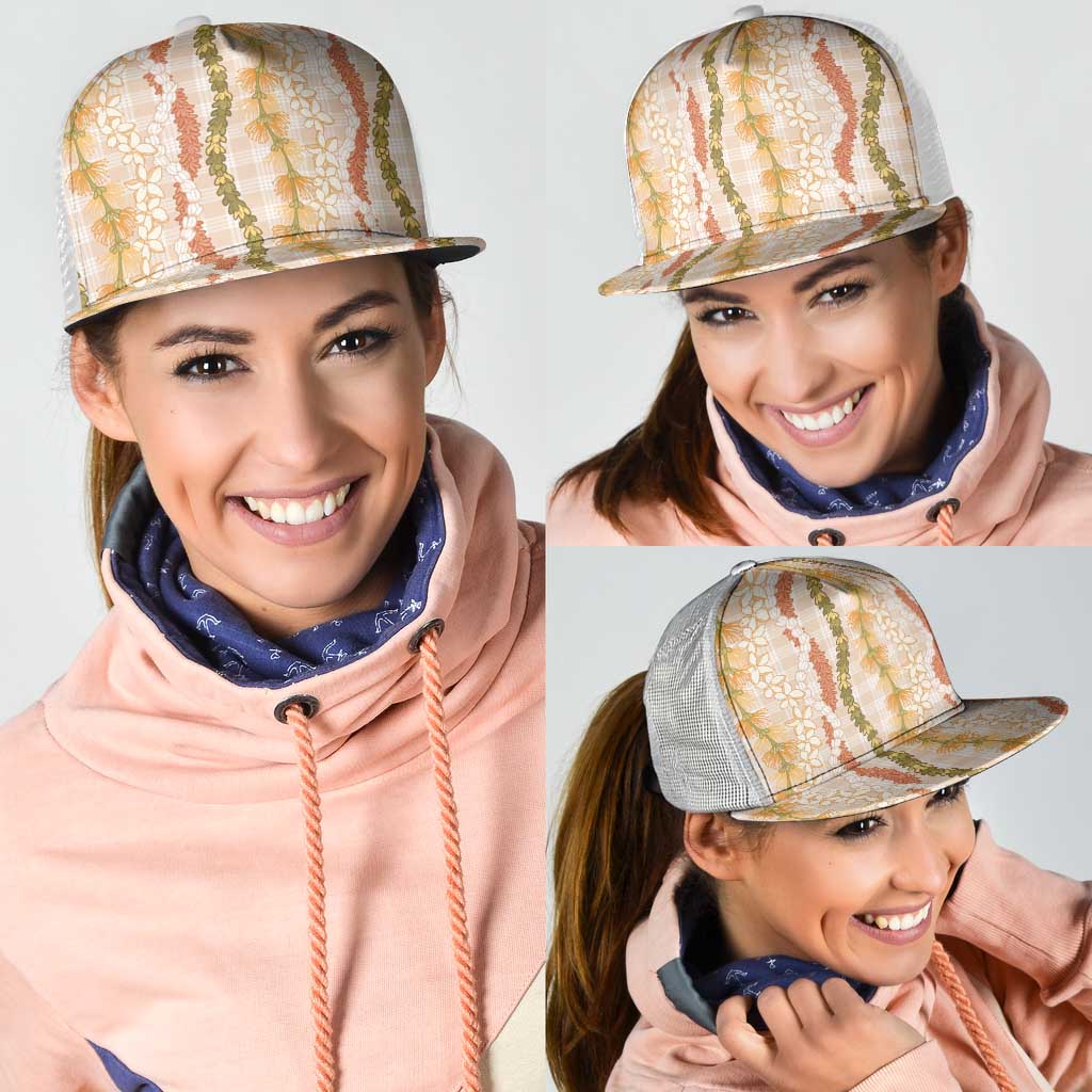 Hawaiian Ohia Lehua Lei Mesh Trucker Cap Plaid Palaka Ahiehie Pattern - Polynesian Pride