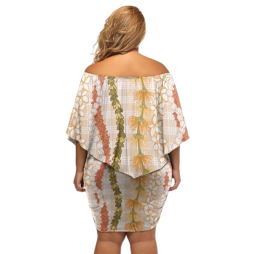 Hawaiian Ohia Lehua Lei Off Shoulder Short Dress Plaid Palaka Ahiehie Pattern - Polynesian Pride