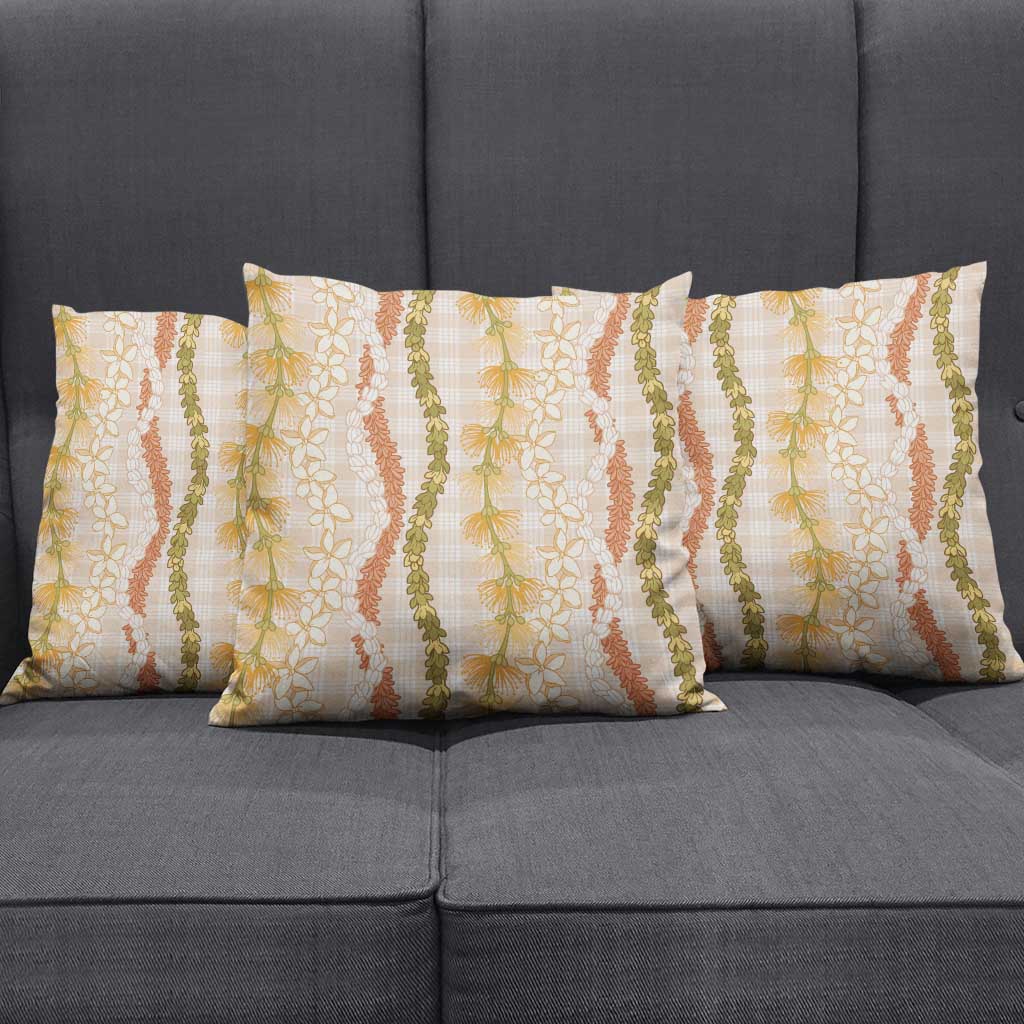 Hawaiian Ohia Lehua Lei Pillow Cover Plaid Palaka Ahiehie Pattern - Polynesian Pride