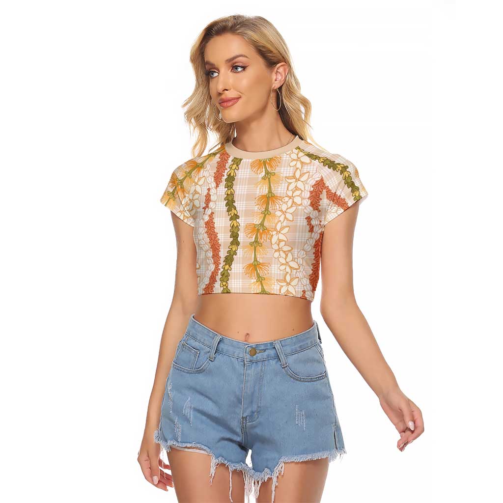 Hawaiian Ohia Lehua Lei Raglan Cropped T Shirt Plaid Palaka Ahiehie Pattern - Polynesian Pride