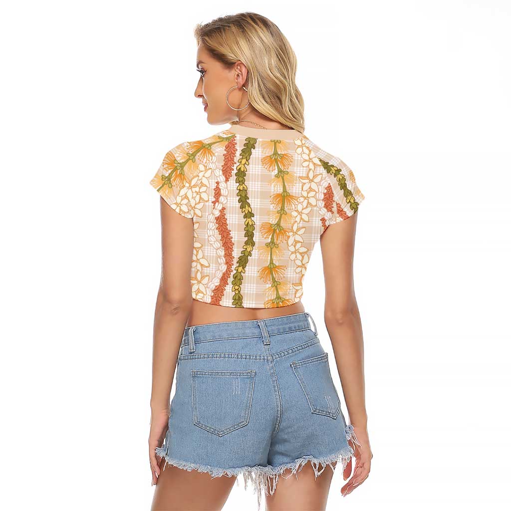 Hawaiian Ohia Lehua Lei Raglan Cropped T Shirt Plaid Palaka Ahiehie Pattern - Polynesian Pride