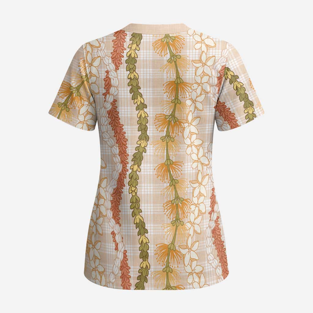 Hawaiian Ohia Lehua Lei Scrub Top Plaid Palaka Ahiehie Pattern - Polynesian Pride