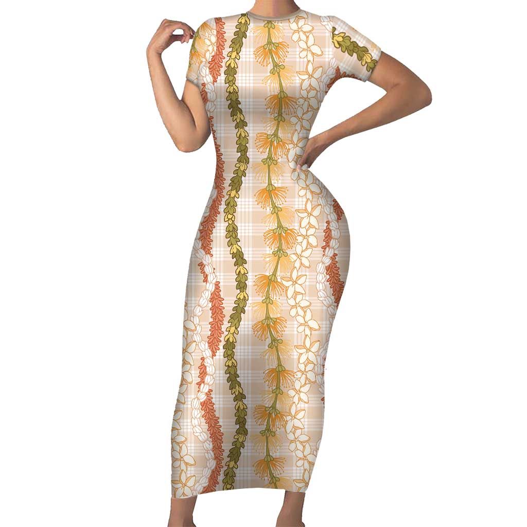 Hawaiian Ohia Lehua Lei Short Sleeve Bodycon Dress Plaid Palaka Ahiehie Pattern - Polynesian Pride