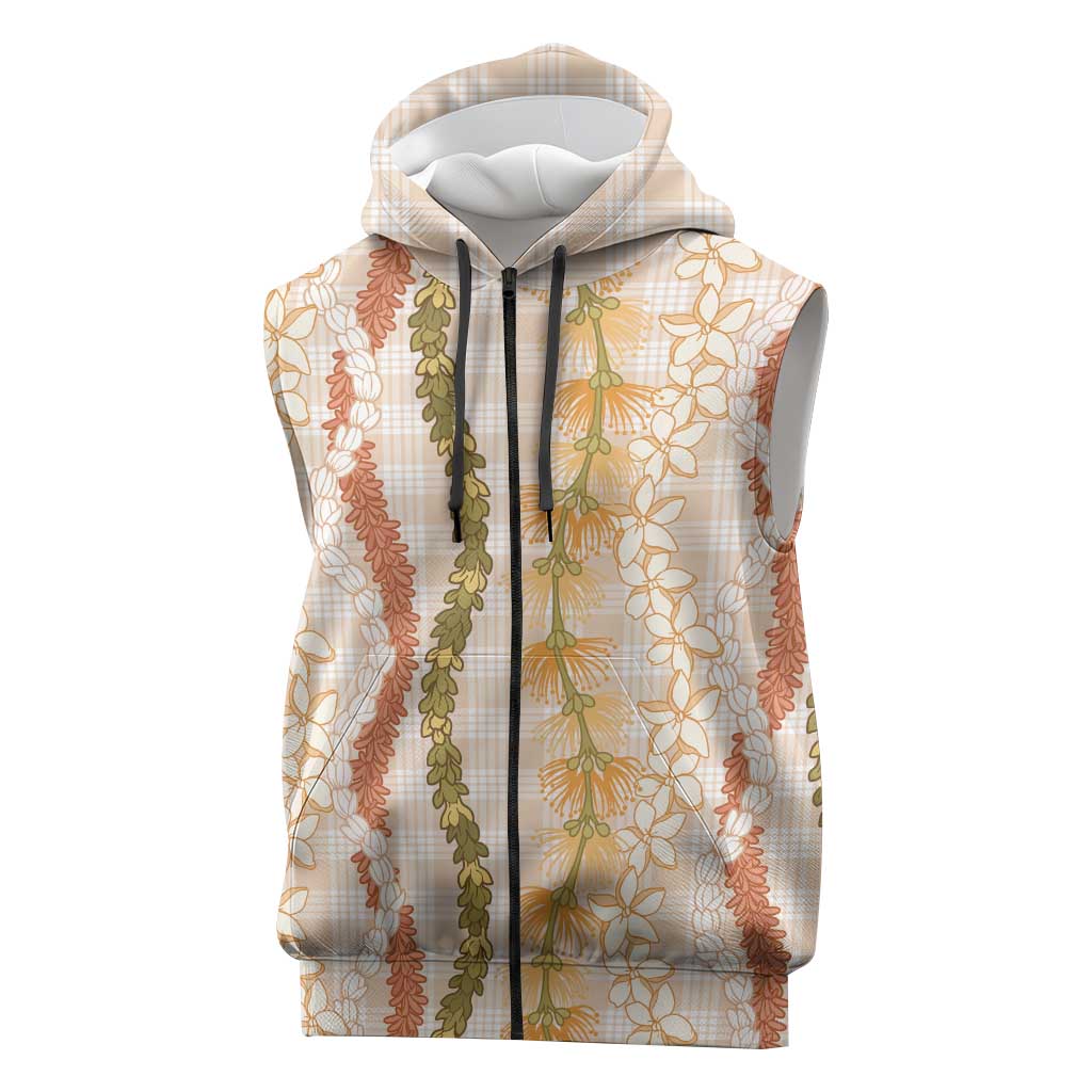 Hawaiian Ohia Lehua Lei Sleeveless Zip Hoodie Plaid Palaka Ahiehie Pattern - Polynesian Pride