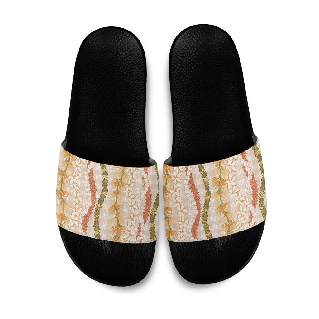 Hawaiian Ohia Lehua Lei Slide Sandals Plaid Palaka Ahiehie Pattern - Polynesian Pride