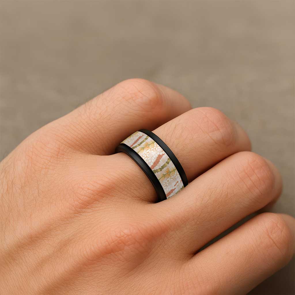 Hawaiian Ohia Lehua Lei Spinner Ring Plaid Palaka Ahiehie Pattern - Polynesian Pride