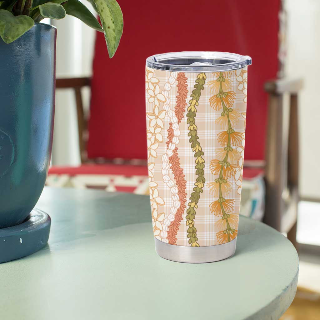 Hawaiian Ohia Lehua Lei Tumbler Cup Plaid Palaka Ahiehie Pattern - Polynesian Pride