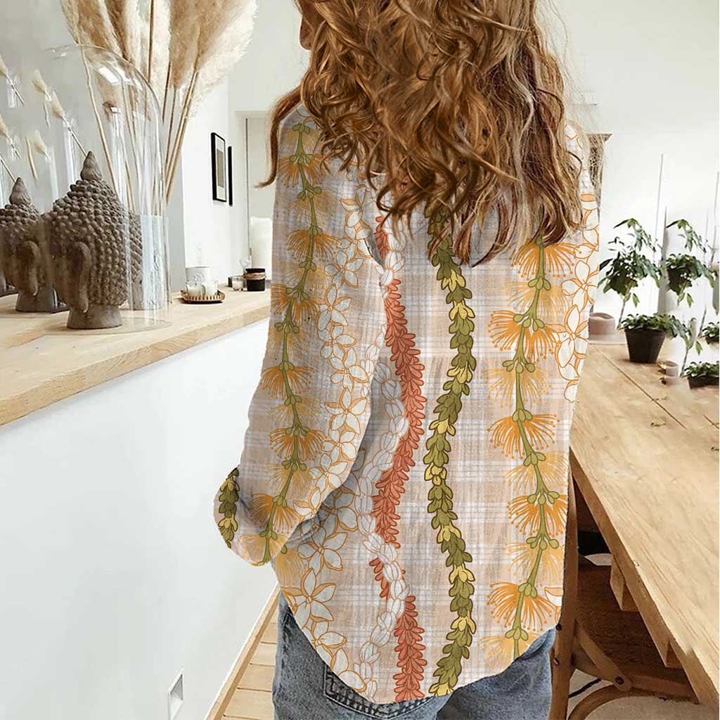 Hawaiian Ohia Lehua Lei Women Casual Shirt Plaid Palaka Ahiehie Pattern - Polynesian Pride