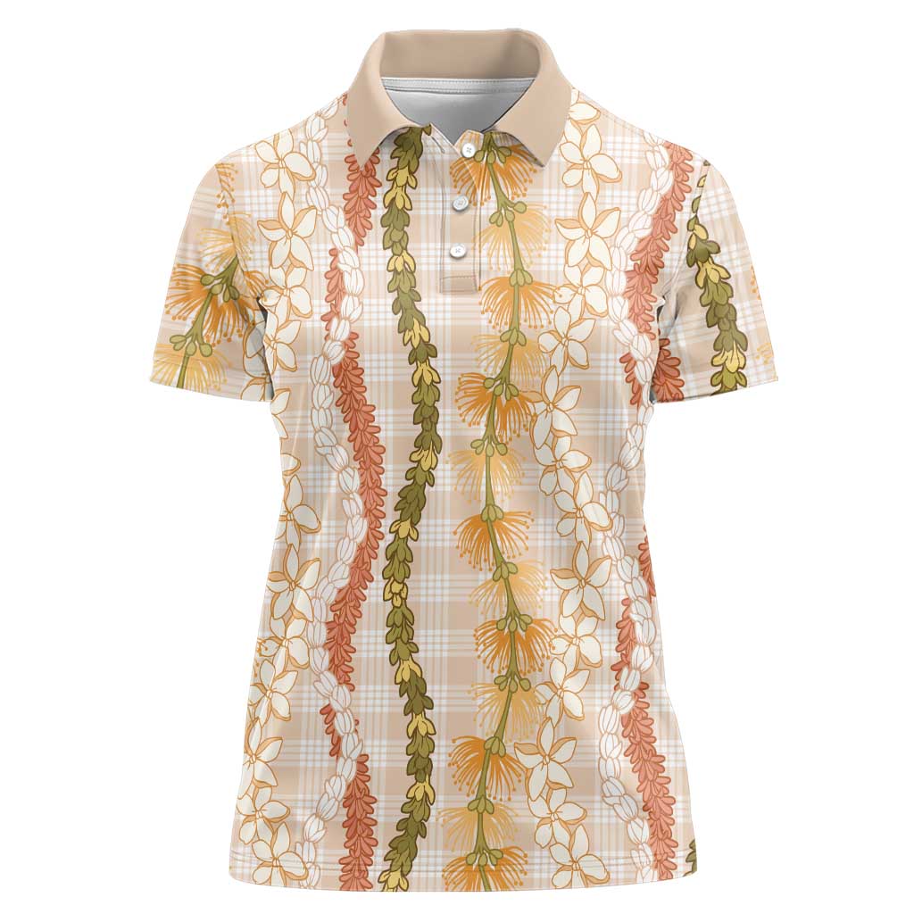 Hawaiian Ohia Lehua Lei Women Polo Shirt Plaid Palaka Ahiehie Pattern - Polynesian Pride
