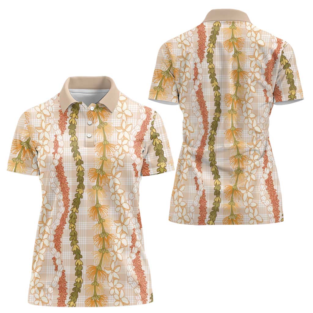 Hawaiian Ohia Lehua Lei Women Polo Shirt Plaid Palaka Ahiehie Pattern - Polynesian Pride