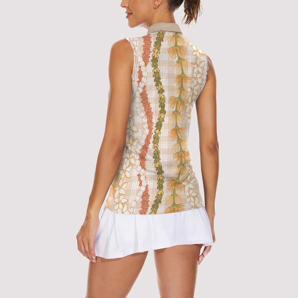 Hawaiian Ohia Lehua Lei Women Sleeveless Polo Shirt Plaid Palaka Ahiehie Pattern - Polynesian Pride