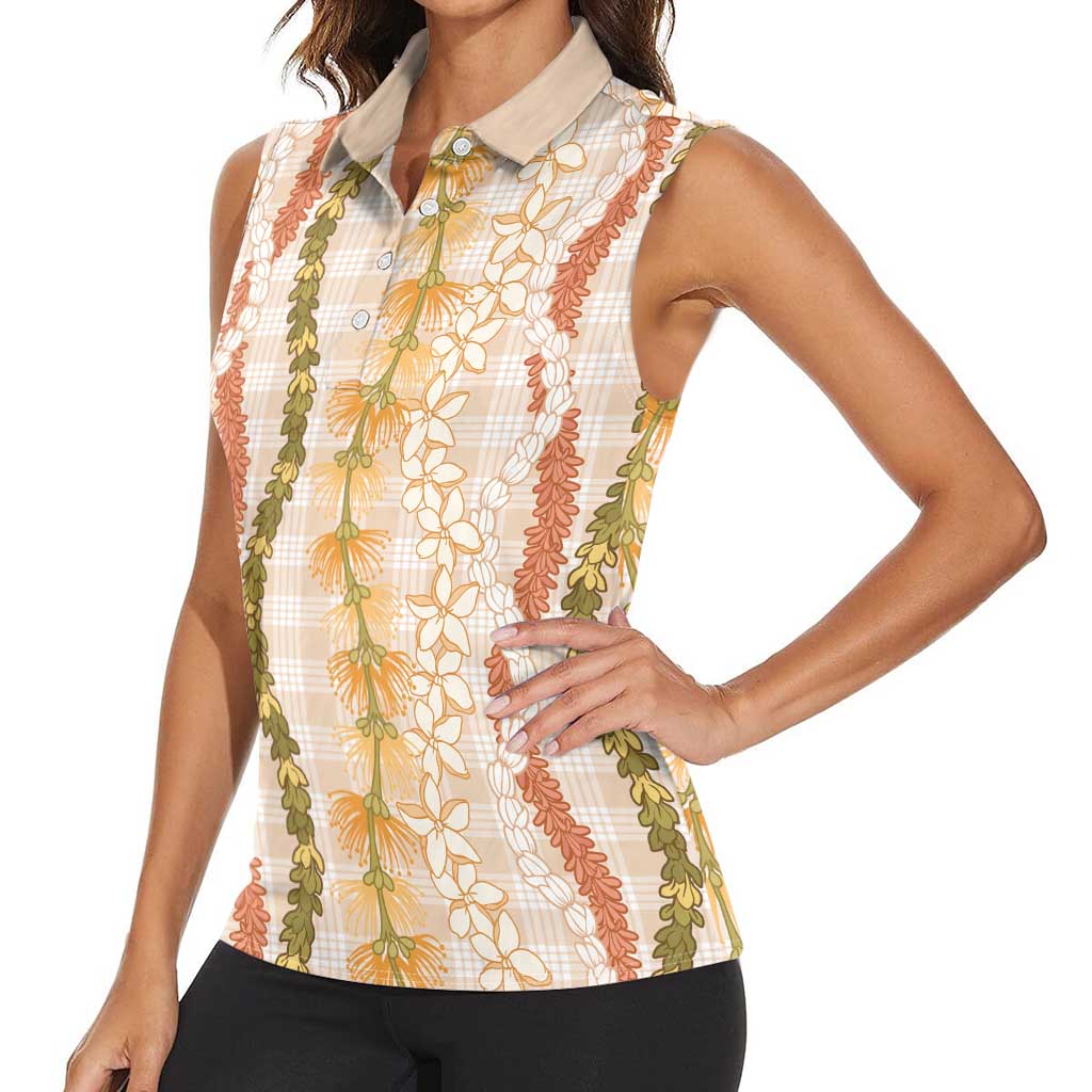 Hawaiian Ohia Lehua Lei Women Sleeveless Polo Shirt Plaid Palaka Ahiehie Pattern - Polynesian Pride