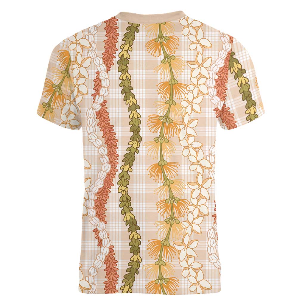 Hawaiian Ohia Lehua Lei Women V-Neck T-Shirt Plaid Palaka Ahiehie Pattern - Polynesian Pride