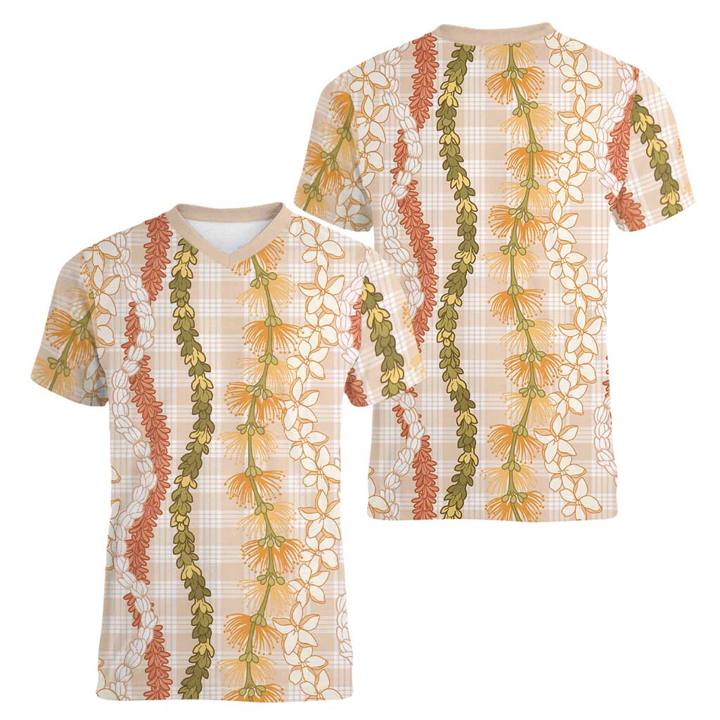 Hawaiian Ohia Lehua Lei Women V-Neck T-Shirt Plaid Palaka Ahiehie Pattern - Polynesian Pride