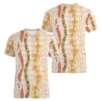 Hawaiian Ohia Lehua Lei Women V-Neck T-Shirt Plaid Palaka Ahiehie Pattern - Polynesian Pride