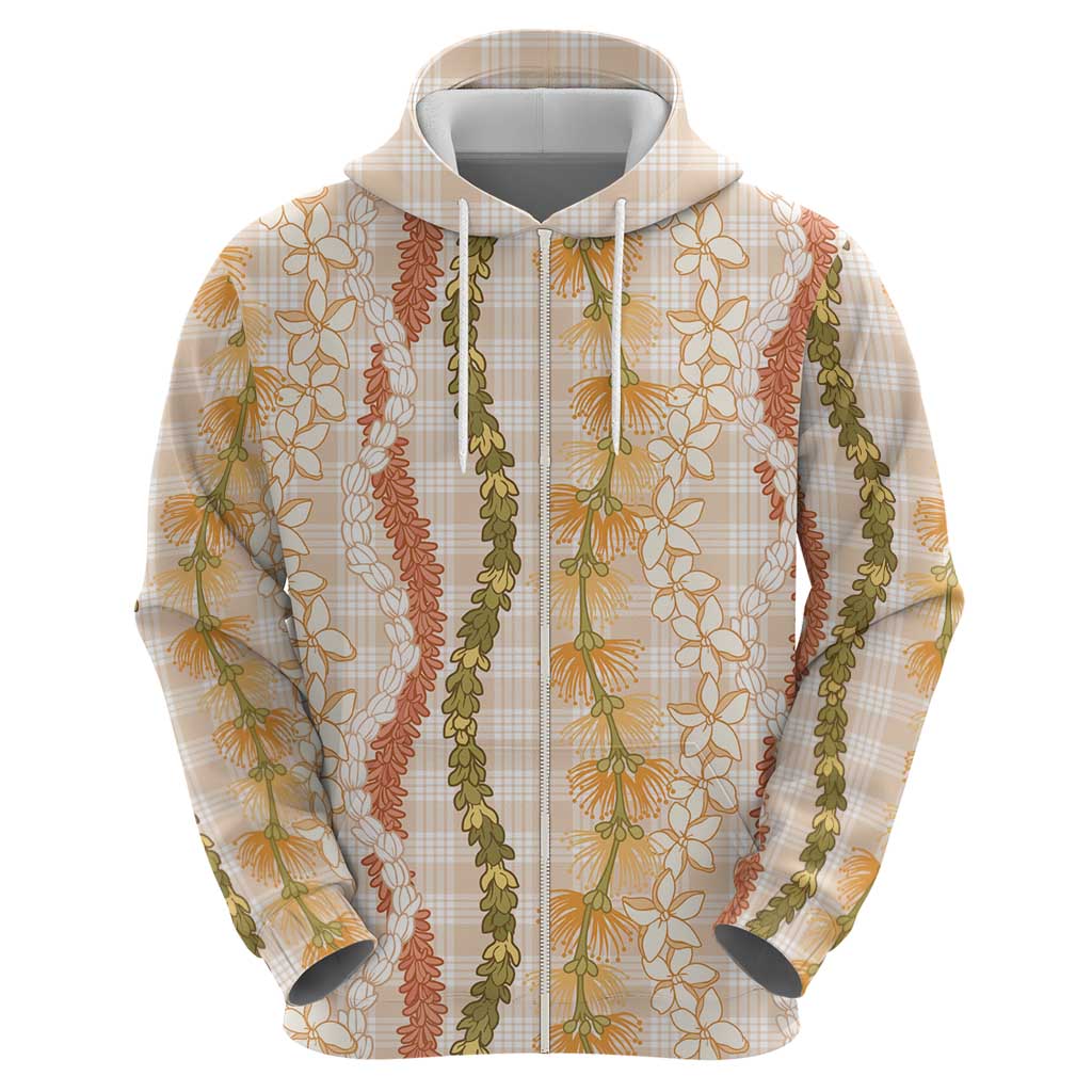 Hawaiian Ohia Lehua Lei Zip Hoodie Plaid Palaka Ahiehie Pattern - Polynesian Pride
