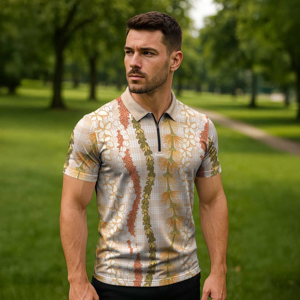 Hawaiian Ohia Lehua Lei Zipper Polo Shirt Plaid Palaka Ahiehie Pattern - Polynesian Pride