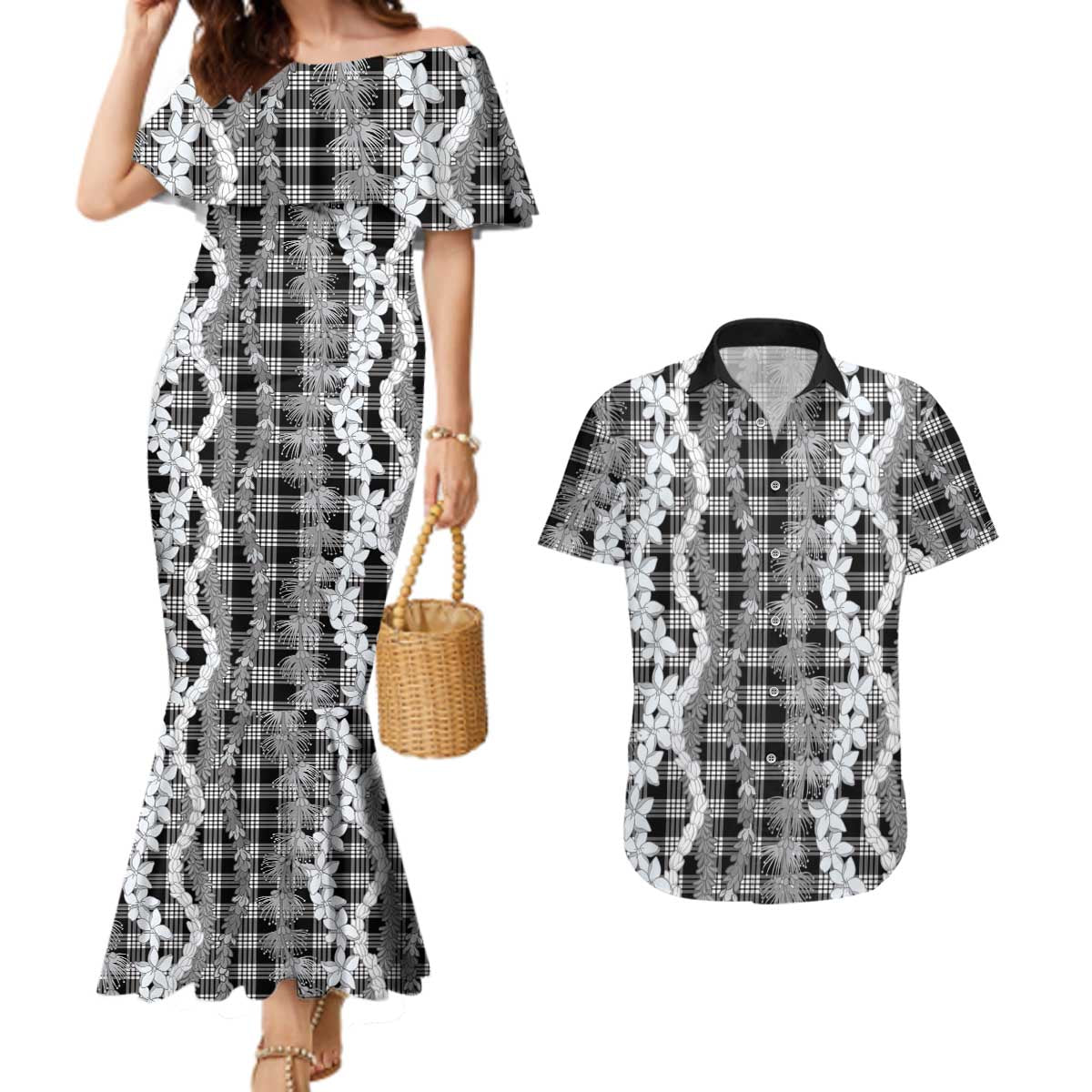 Hawaiian Ohia Lehua Lei Couples Matching Mermaid Dress and Hawaiian Shirt Plaid Palaka Eleele Pattern - undefined
