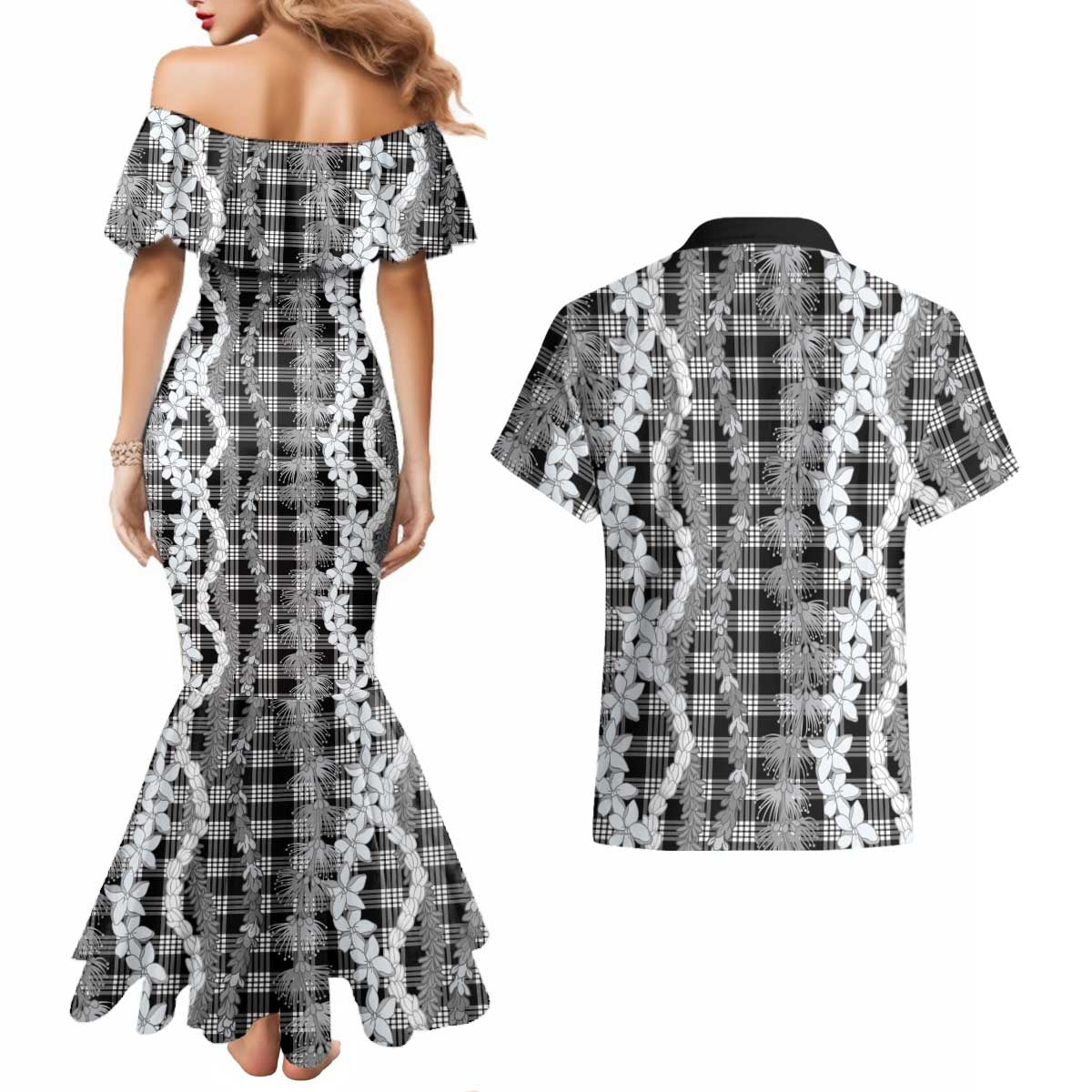 Hawaiian Ohia Lehua Lei Couples Matching Mermaid Dress and Hawaiian Shirt Plaid Palaka Eleele Pattern - undefined