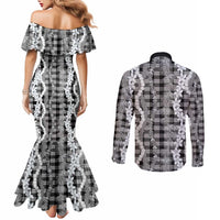 Hawaiian Ohia Lehua Lei Couples Matching Mermaid Dress and Long Sleeve Button Shirt Plaid Palaka Eleele Pattern - Polynesian Pride