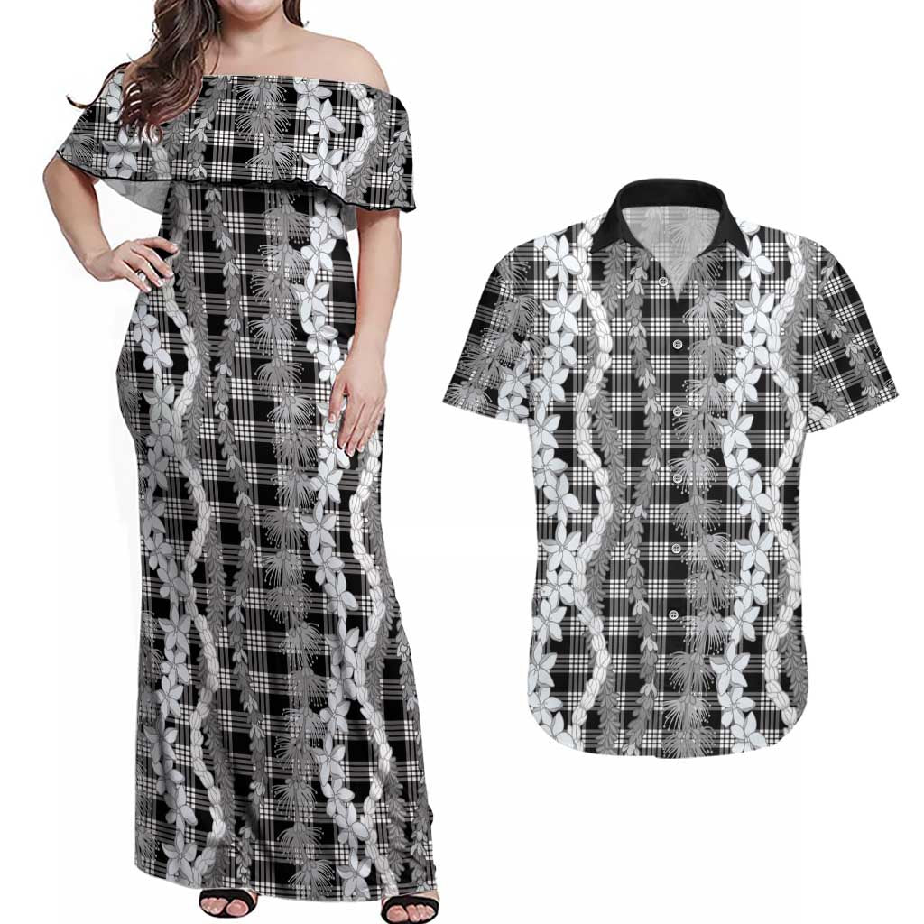 Hawaiian Ohia Lehua Lei Couples Matching Off Shoulder Maxi Dress and Hawaiian Shirt Plaid Palaka Eleele Pattern - Polynesian Pride