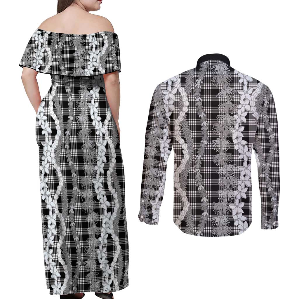 Hawaiian Ohia Lehua Lei Couples Matching Off Shoulder Maxi Dress and Long Sleeve Button Shirt Plaid Palaka Eleele Pattern - Polynesian Pride