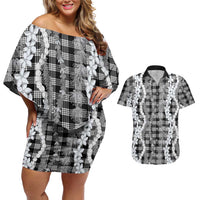 Hawaiian Ohia Lehua Lei Couples Matching Off Shoulder Short Dress and Hawaiian Shirt Plaid Palaka Eleele Pattern - Polynesian Pride