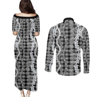 Hawaiian Ohia Lehua Lei Couples Matching Puletasi and Long Sleeve Button Shirt Plaid Palaka Eleele Pattern - Polynesian Pride