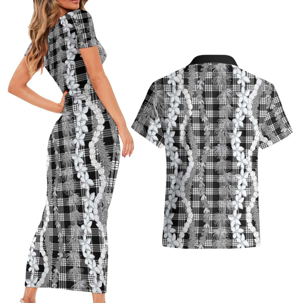 Hawaiian Ohia Lehua Lei Couples Matching Short Sleeve Bodycon Dress and Hawaiian Shirt Plaid Palaka Eleele Pattern - Polynesian Pride