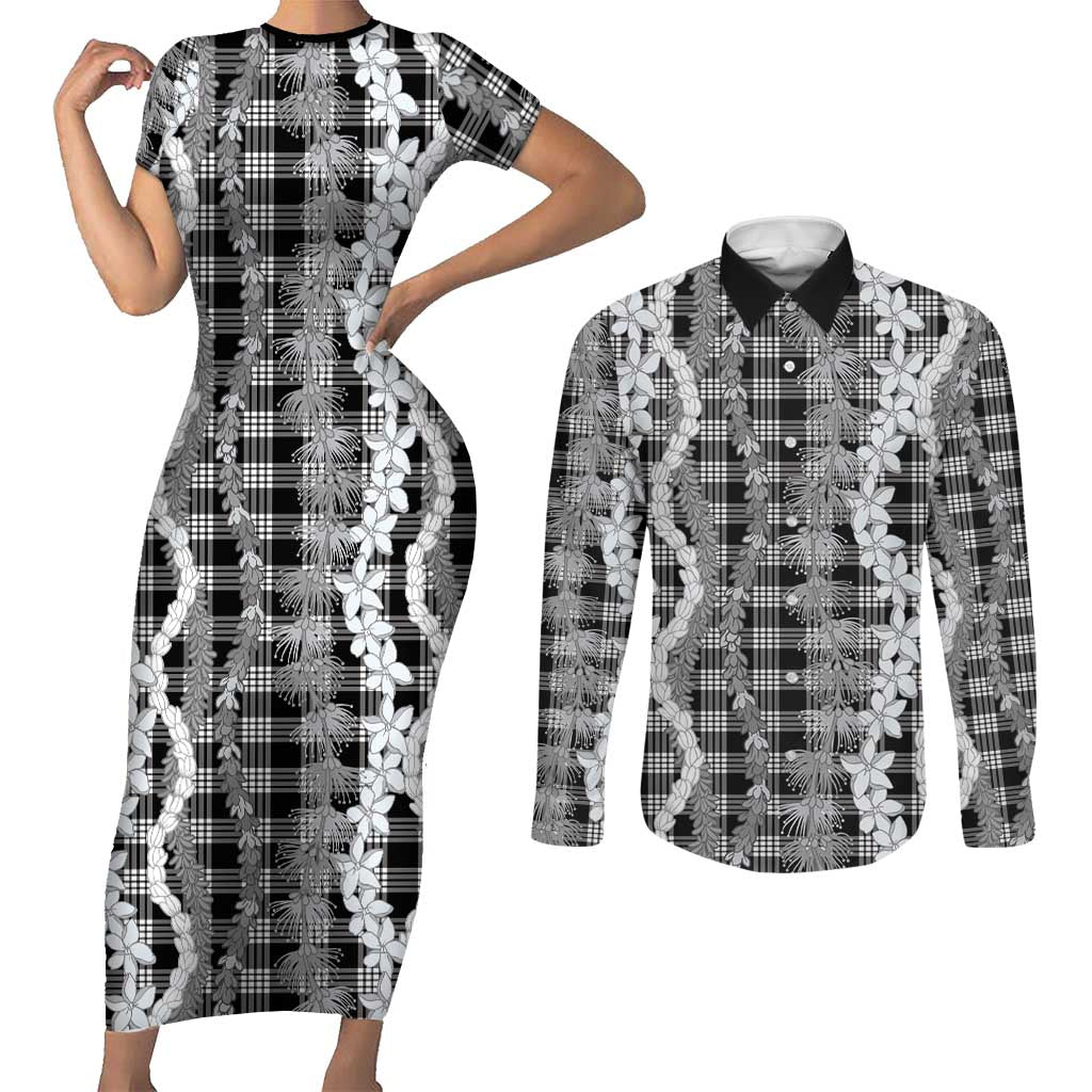 Hawaiian Ohia Lehua Lei Couples Matching Short Sleeve Bodycon Dress and Long Sleeve Button Shirt Plaid Palaka Eleele Pattern - Polynesian Pride