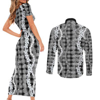 Hawaiian Ohia Lehua Lei Couples Matching Short Sleeve Bodycon Dress and Long Sleeve Button Shirt Plaid Palaka Eleele Pattern - Polynesian Pride