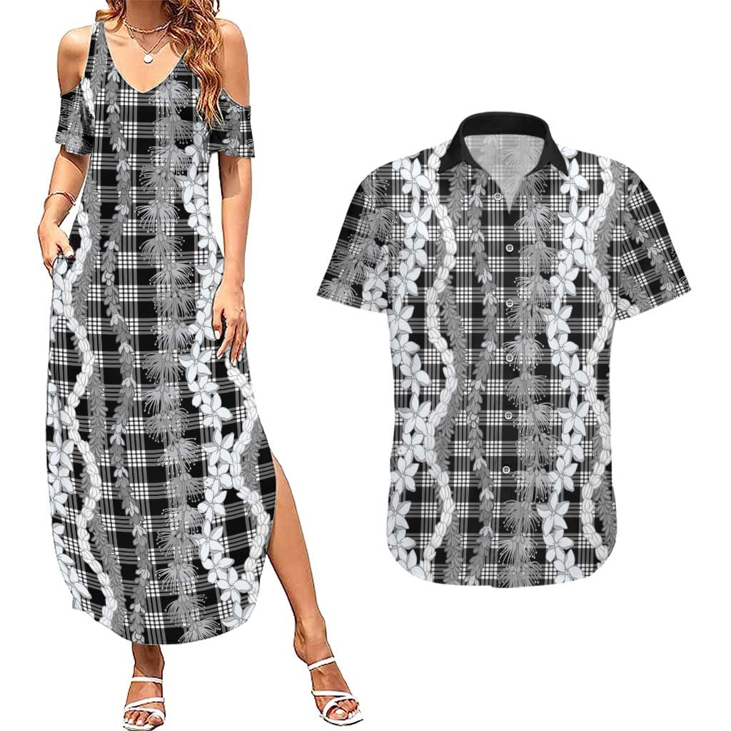 Hawaiian Ohia Lehua Lei Couples Matching Summer Maxi Dress and Hawaiian Shirt Plaid Palaka Eleele Pattern - Polynesian Pride