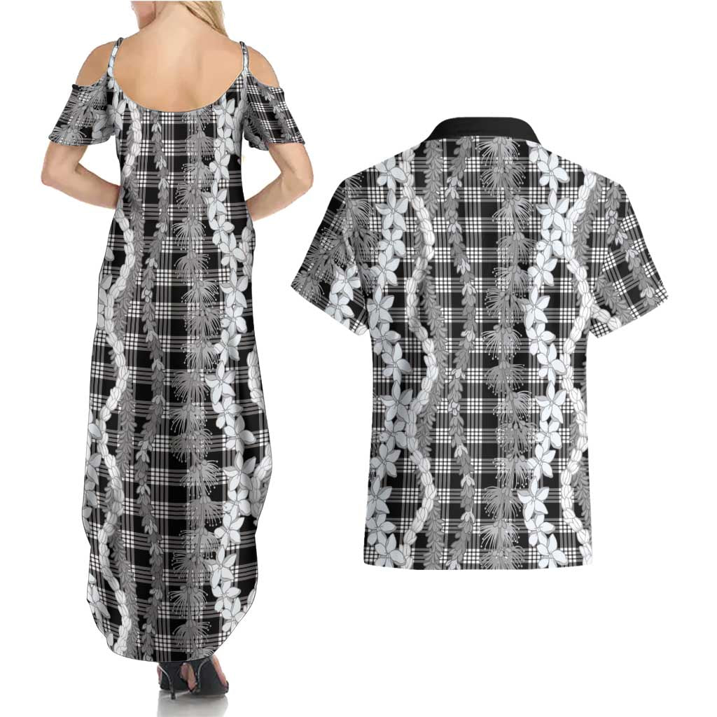 Hawaiian Ohia Lehua Lei Couples Matching Summer Maxi Dress and Hawaiian Shirt Plaid Palaka Eleele Pattern - Polynesian Pride