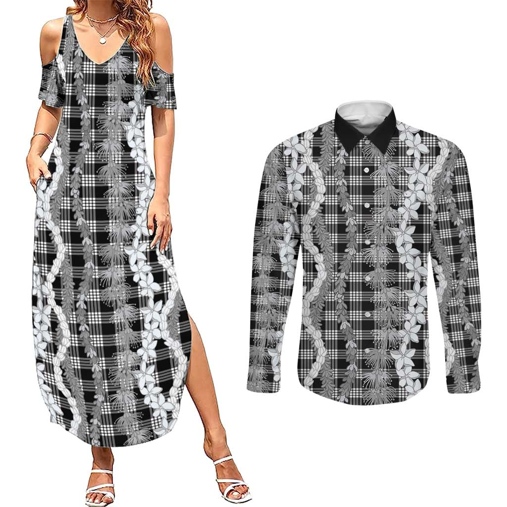Hawaiian Ohia Lehua Lei Couples Matching Summer Maxi Dress and Long Sleeve Button Shirt Plaid Palaka Eleele Pattern - Polynesian Pride