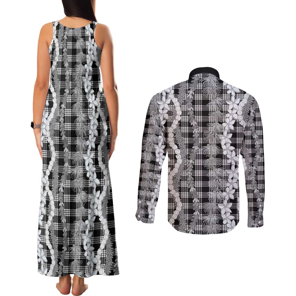 Hawaiian Ohia Lehua Lei Couples Matching Tank Maxi Dress and Long Sleeve Button Shirt Plaid Palaka Eleele Pattern - Polynesian Pride