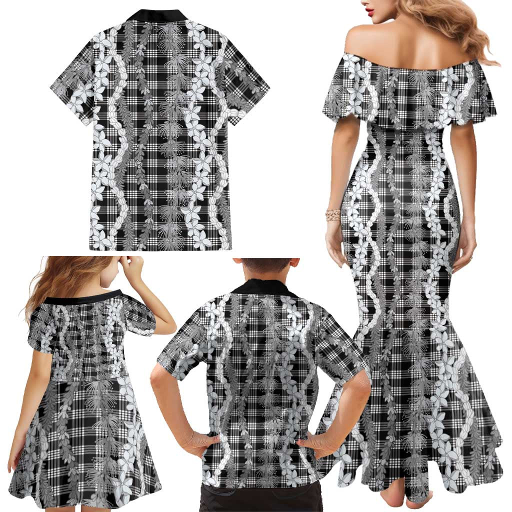 Hawaiian Ohia Lehua Lei Family Matching Mermaid Dress and Hawaiian Shirt Plaid Palaka Eleele Pattern - Polynesian Pride