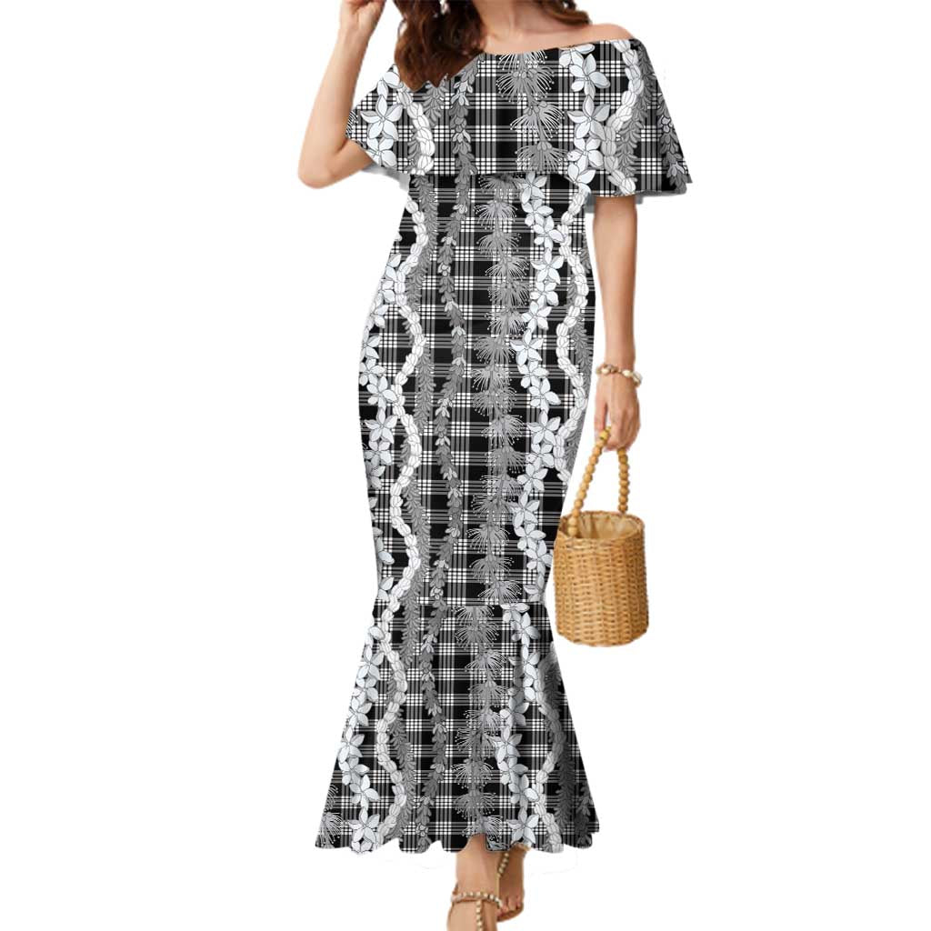 Hawaiian Ohia Lehua Lei Family Matching Mermaid Dress and Hawaiian Shirt Plaid Palaka Eleele Pattern - Polynesian Pride