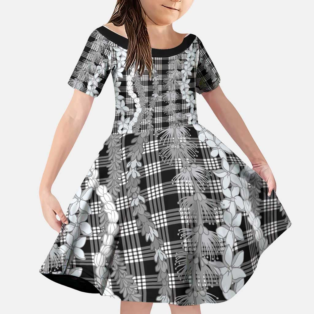 Hawaiian Ohia Lehua Lei Family Matching Off The Shoulder Long Sleeve Dress and Hawaiian Shirt Plaid Palaka Eleele Pattern LT9 Daughter's Dress Black - Polynesian Pride