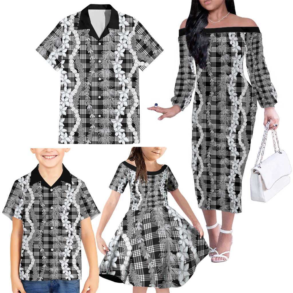Hawaiian Ohia Lehua Lei Family Matching Off The Shoulder Long Sleeve Dress and Hawaiian Shirt Plaid Palaka Eleele Pattern - Polynesian Pride