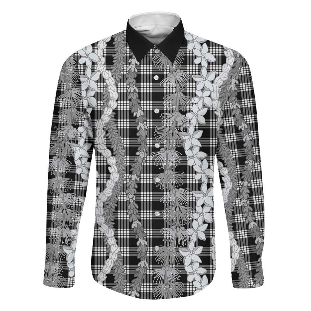 Hawaiian Ohia Lehua Lei Family Matching Off The Shoulder Long Sleeve Dress and Hawaiian Shirt Plaid Palaka Eleele Pattern LT9 Dad's Shirt - Long Sleeve Black - Polynesian Pride