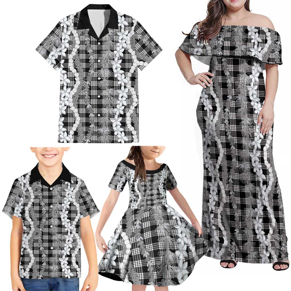 Hawaiian Ohia Lehua Lei Family Matching Off Shoulder Maxi Dress and Hawaiian Shirt Plaid Palaka Eleele Pattern - Polynesian Pride