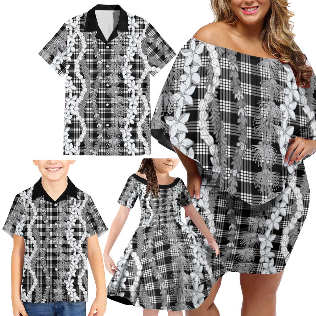 Hawaiian Ohia Lehua Lei Family Matching Off Shoulder Short Dress and Hawaiian Shirt Plaid Palaka Eleele Pattern - Polynesian Pride