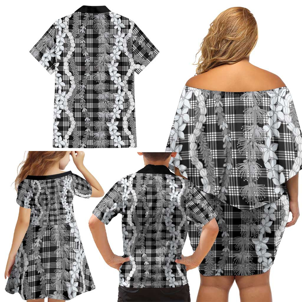 Hawaiian Ohia Lehua Lei Family Matching Off Shoulder Short Dress and Hawaiian Shirt Plaid Palaka Eleele Pattern - Polynesian Pride