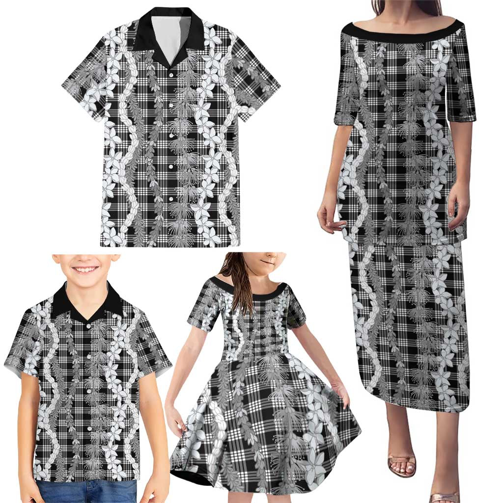 Hawaiian Ohia Lehua Lei Family Matching Puletasi and Hawaiian Shirt Plaid Palaka Eleele Pattern - Polynesian Pride