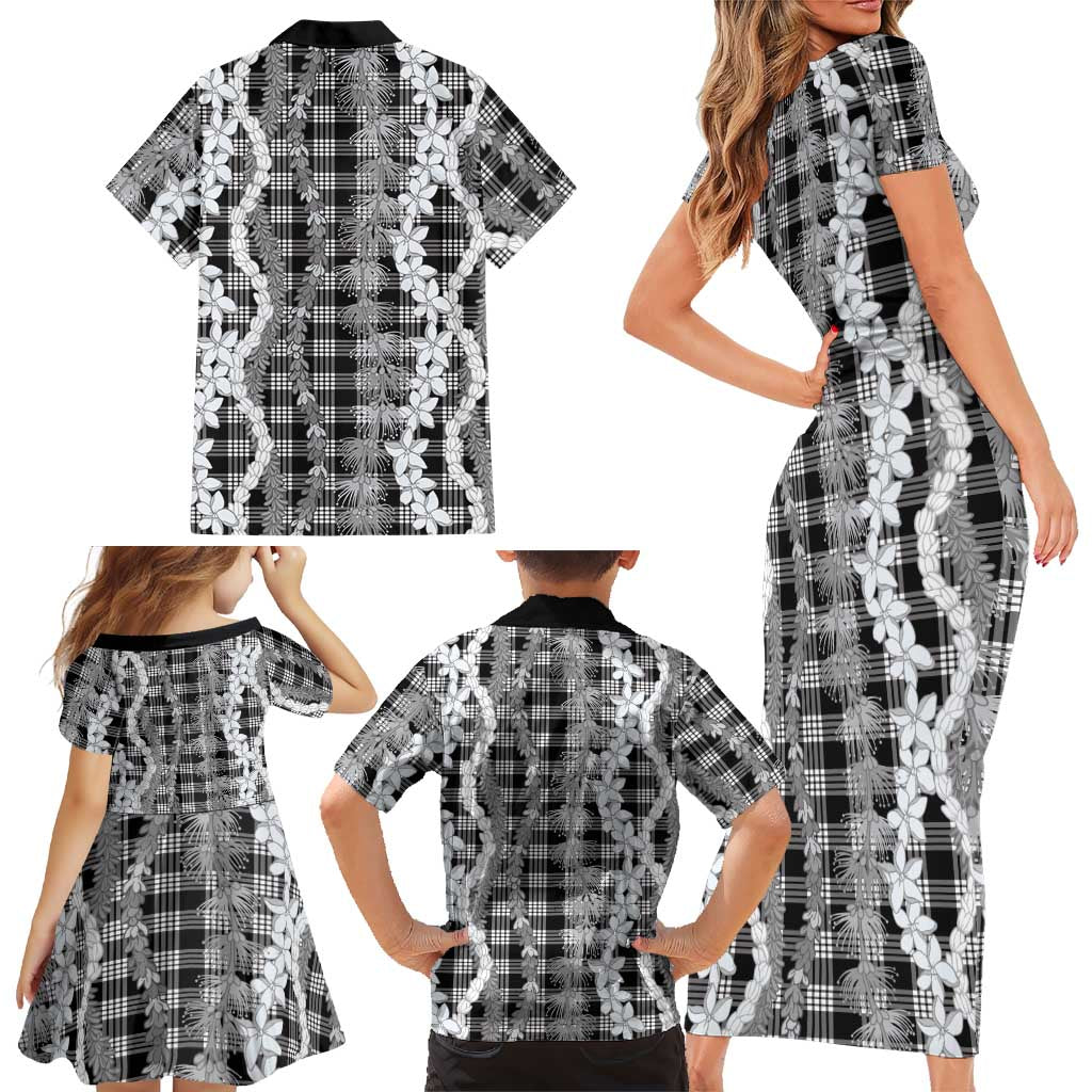 Hawaiian Ohia Lehua Lei Family Matching Short Sleeve Bodycon Dress and Hawaiian Shirt Plaid Palaka Eleele Pattern - Polynesian Pride